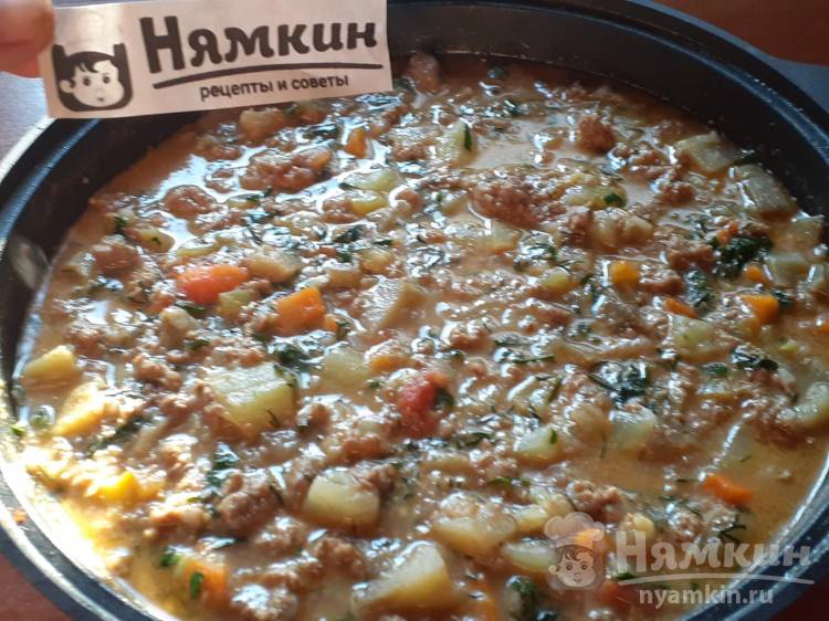 Овощное рагу с мясным фаршем на сковороде - фото шаг 12