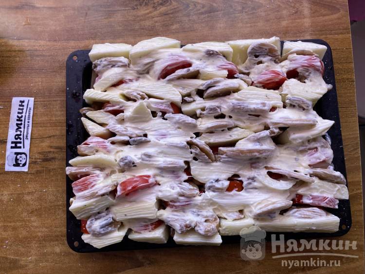Кабачки с шампиньонами, сыром и овощами в духовке - фото шаг 10