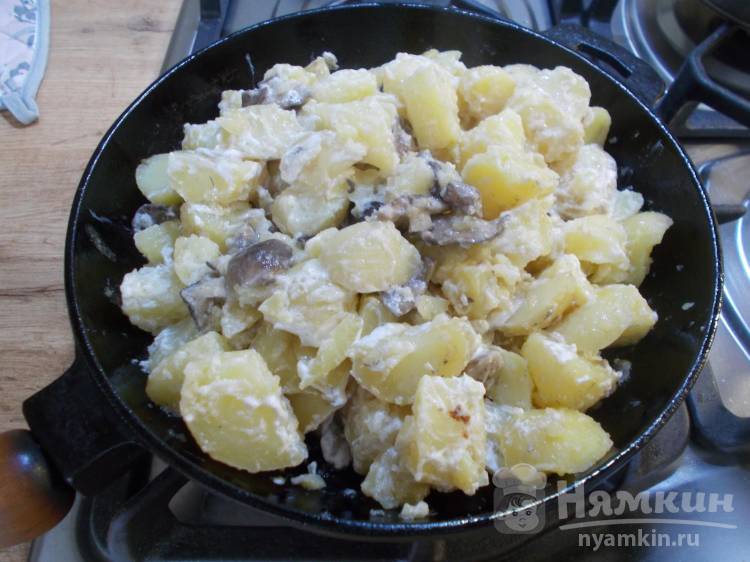 Жареха из лесных грибов и молодой картошки со сметаной на сковороде - фото шаг 10