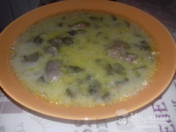 Сырный суп с грибами и куриными желудочками