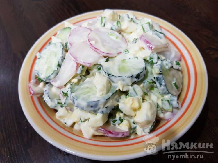 Салат с редиской, огурцом, яйцом и зеленым луком