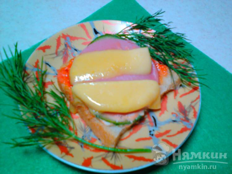 Горячий бутерброд с огурцом, колбасой и сыром