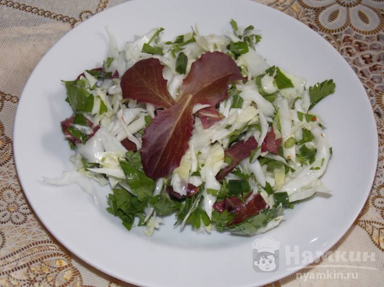 Легкий салат из капусты с салатными листьями и петрушкой