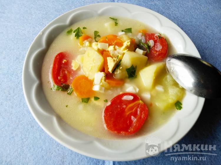 Легкий рисовый суп с овощами и вареным яйцом