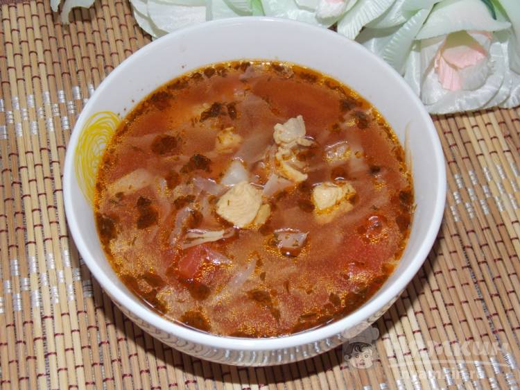 Томленный суп с капустой, курицей и томатами в мультиварке