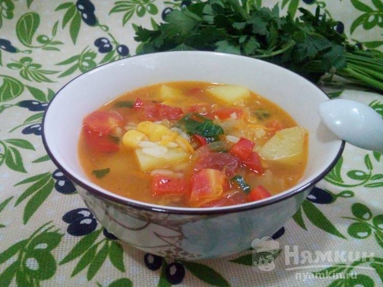 Суп с перцем болгарским постный. Суп с перцем болгарским и рисом картошкой помидорами. Постный рисовый суп картинки.