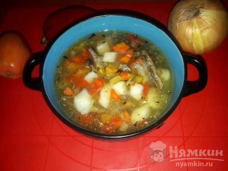 Суп с овощами и шпротами