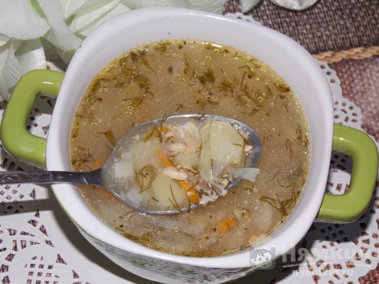Суп с капустой и консервированной горбушей в мультиварке