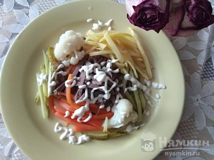 Салат из говяжьего сердца с жареным картофелем и овощами