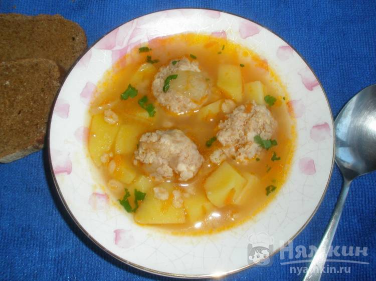 Геркулесовый суп с фрикадельками из куриной грудки и свинины