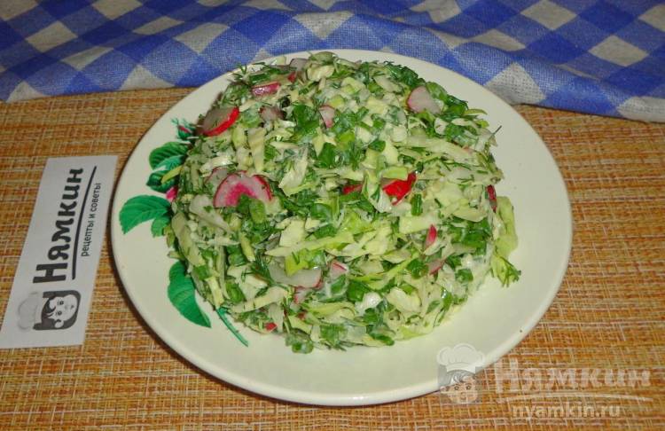 Салат из капусты, редиса и зелени со сметаной
