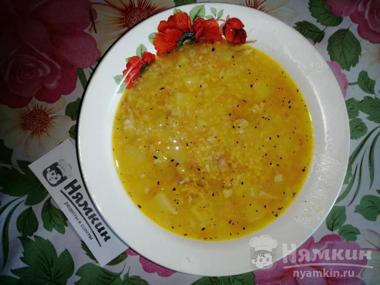Картофельный суп с мясом цыпленка, пшеном и базиликом

