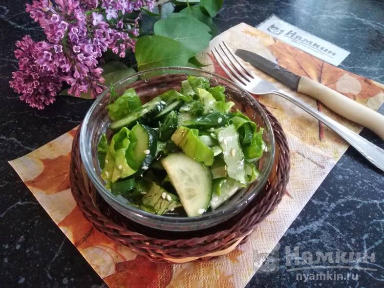 Свежий зелёный салат с огурцами, кунжутом и оливковым маслом.