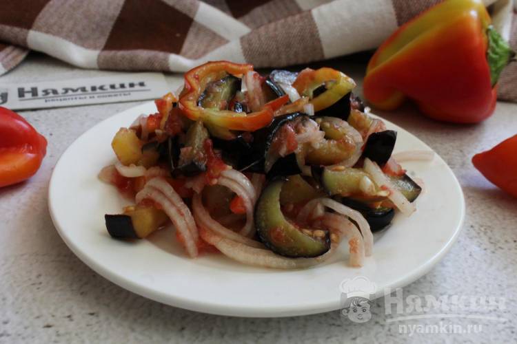 Салат из жареных баклажанов, болгарских перцев и лука в томатной заправке