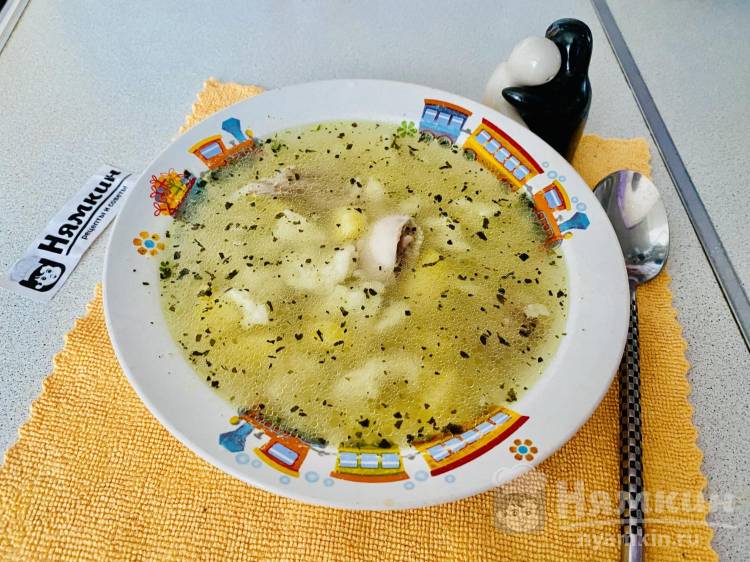 Куриный суп с галушками, овощами и базиликом