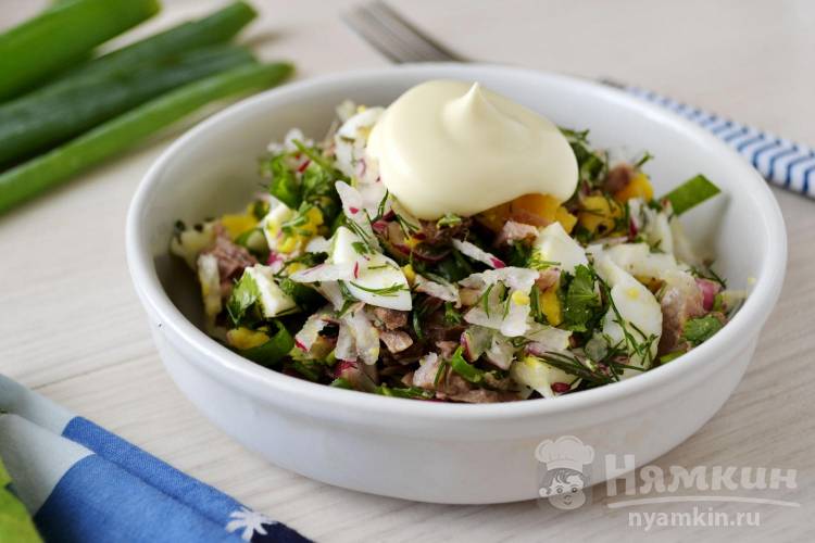 Салат с говядиной, редиской, вареными яйцами и зеленью — рецепт с фото пошагово