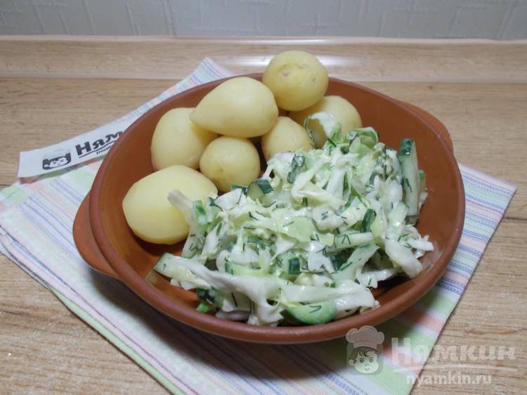 Овощной салат из свежей капусты, огурцов и лука с пикантной заправкой