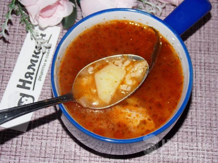 Томатный суп с курицей, рисом и картофелем в утятнице