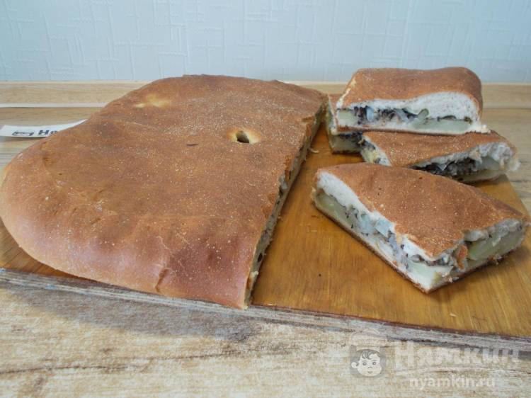 Пирог на дрожжевом тесте с картошкой, грибами и луком в духовке